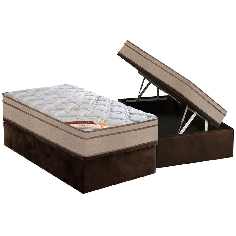 Cama Box Bau Solteiro Colchao Molas Bonnel Castor Revolution Base Crc Suede Brown 88x188