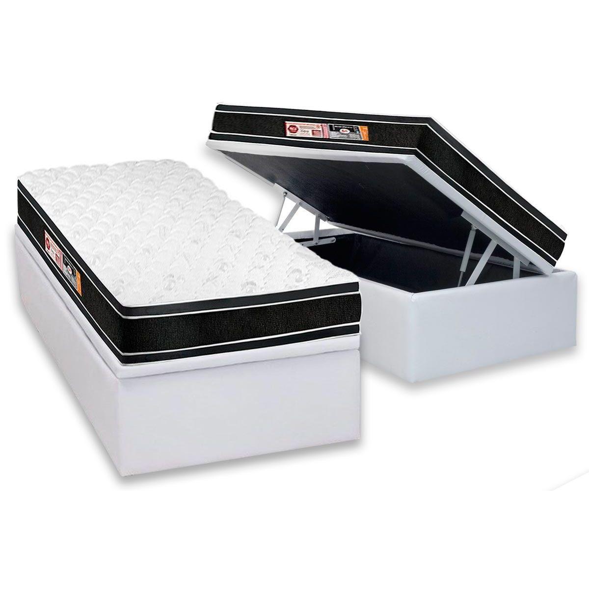 Cama Box Bau Solteiro Colchao Espuma D33 Castor Black E White Air Double Face Euro Pillow Base Crc Courano White 88x188