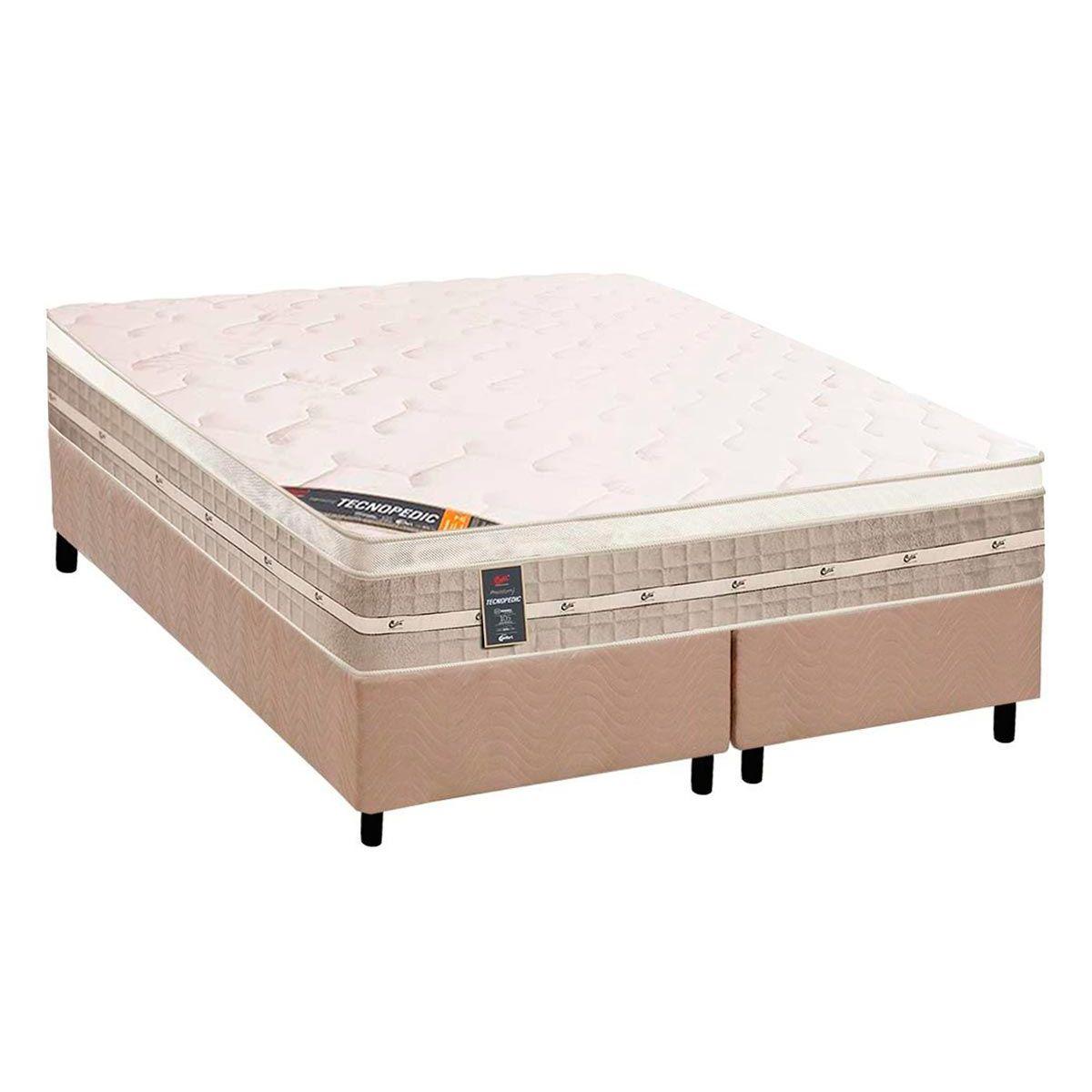 Cama Box Queen Colchao Molas Bonnel Castor Tecnopedic Premium Base Crc Suede Bege 158x198