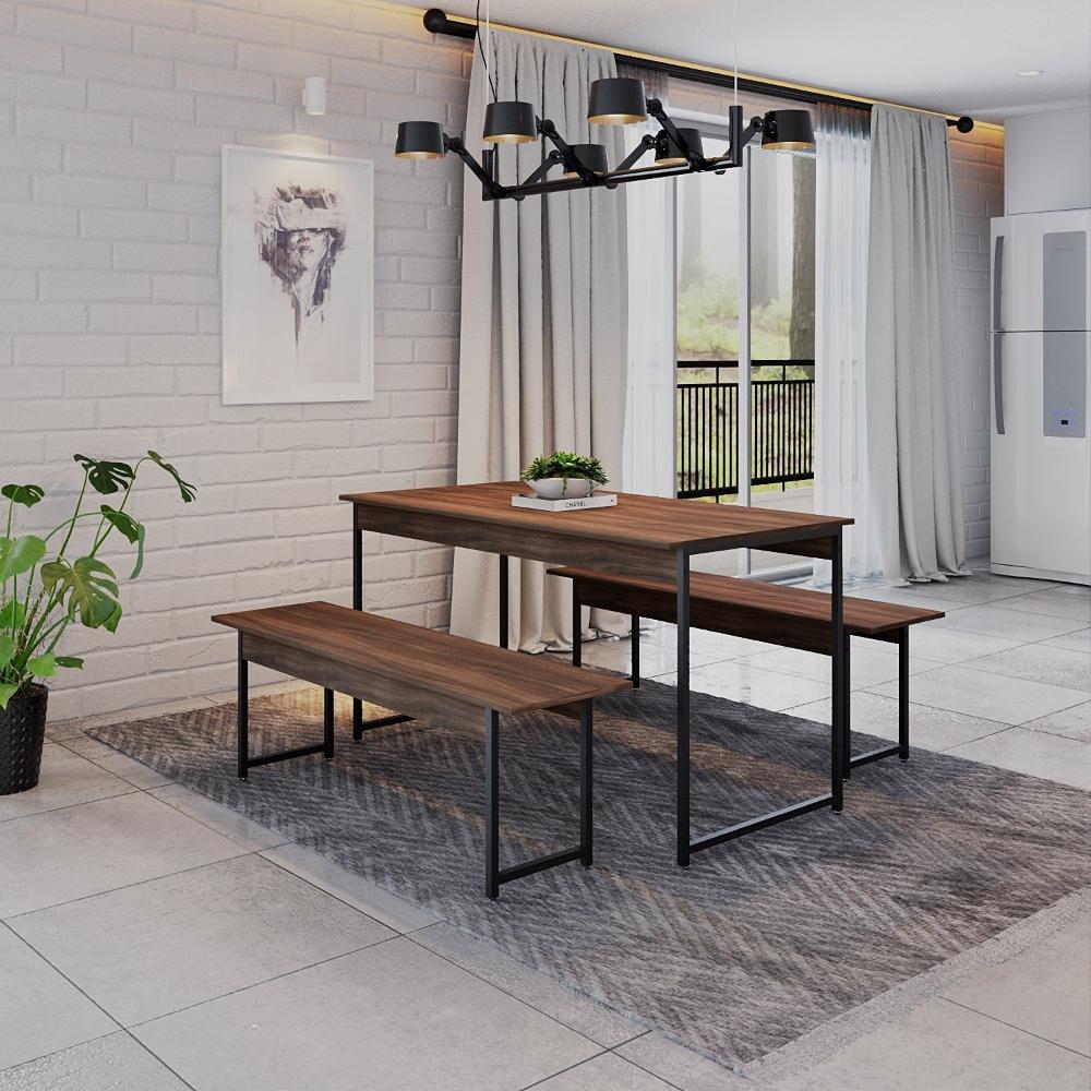 Conjunto Mesa de Jantar com 2 Bancos Estilo Industrial Active Yescasa Nogal