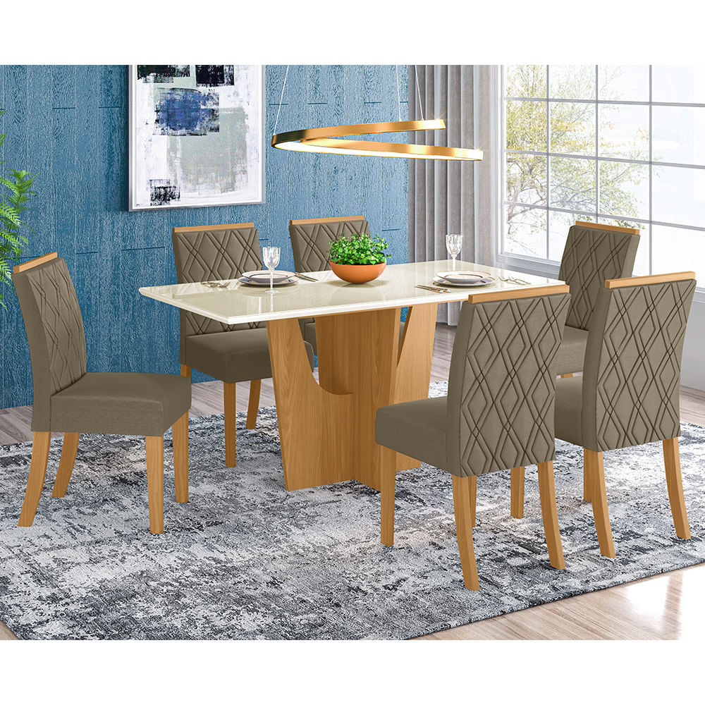 Conjunto Sala De Jantar Tampo Mdf Canto Reto Com Vidro 160 Cm 6 Cadeiras Andressa Henn