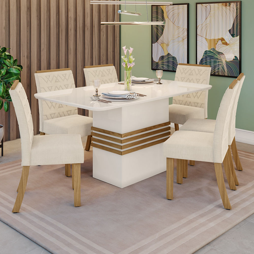 Conjunto Sala De Jantar Tampo MDF Com Vidro Canto Arredondado 160 Cm 6 Cadeiras Melinda Casa 812