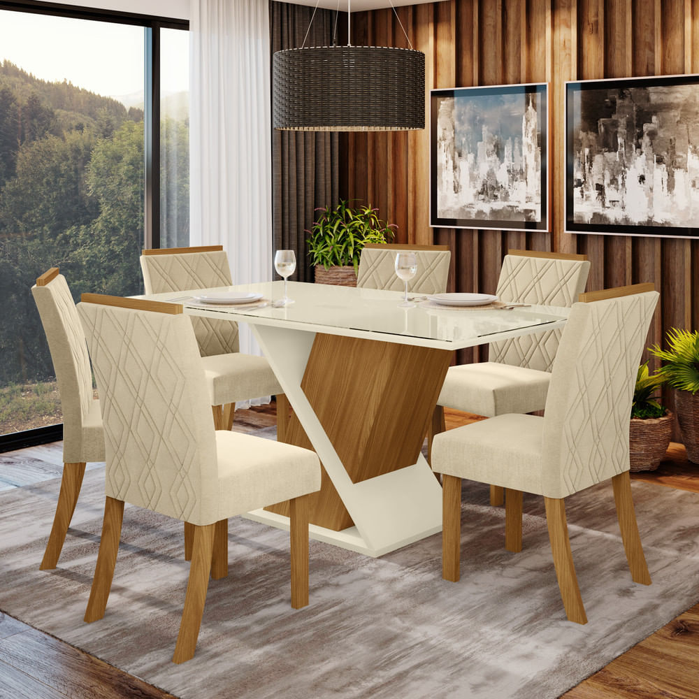 Conjunto Sala De Jantar Tampo Mdf Canto Reto Com Vidro 160 Cm 6 Cadeiras Sabrina Henn