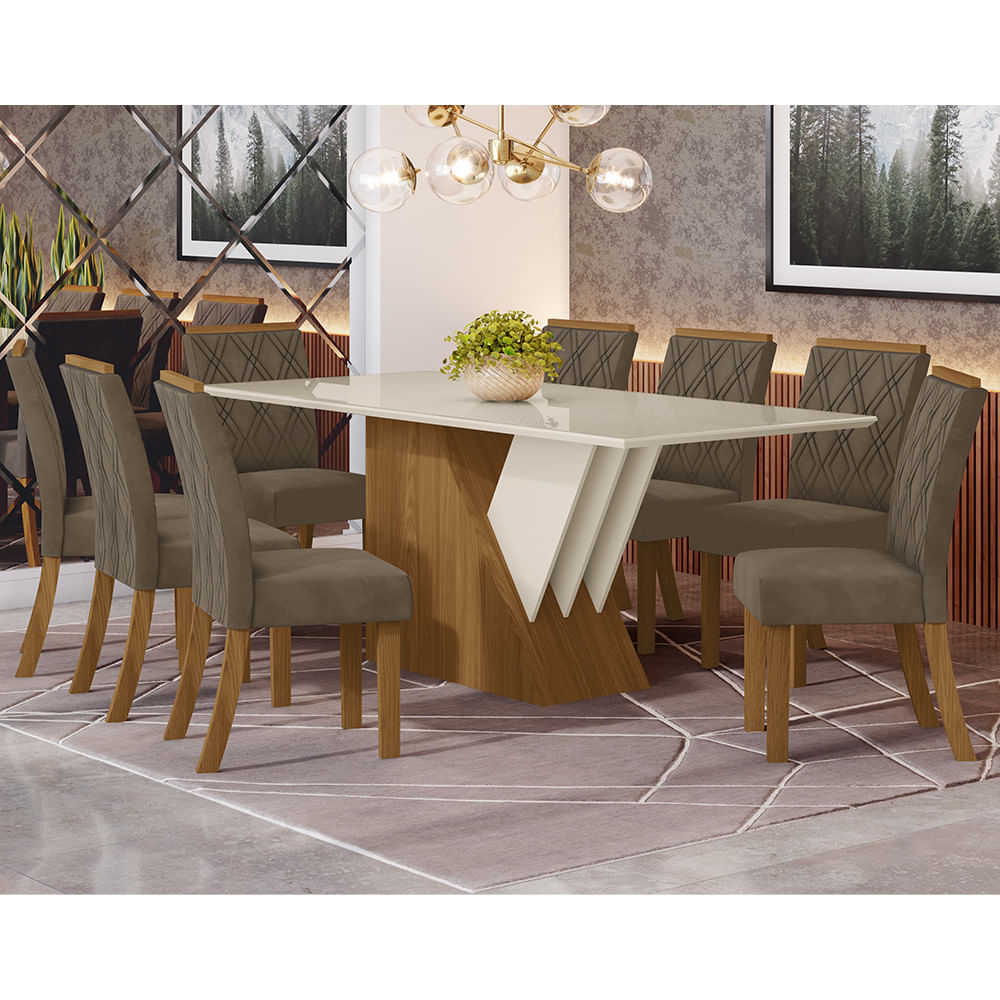 Conjunto Sala De Jantar Tampo Mdf Canto Reto Com Vidro 200 Cm 8 Cadeiras Cecily Henn