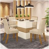 Conjunto Sala De Jantar Mesa 120cm 4 Cadeiras Melinda Casa 812 Nature Off White E Linho
