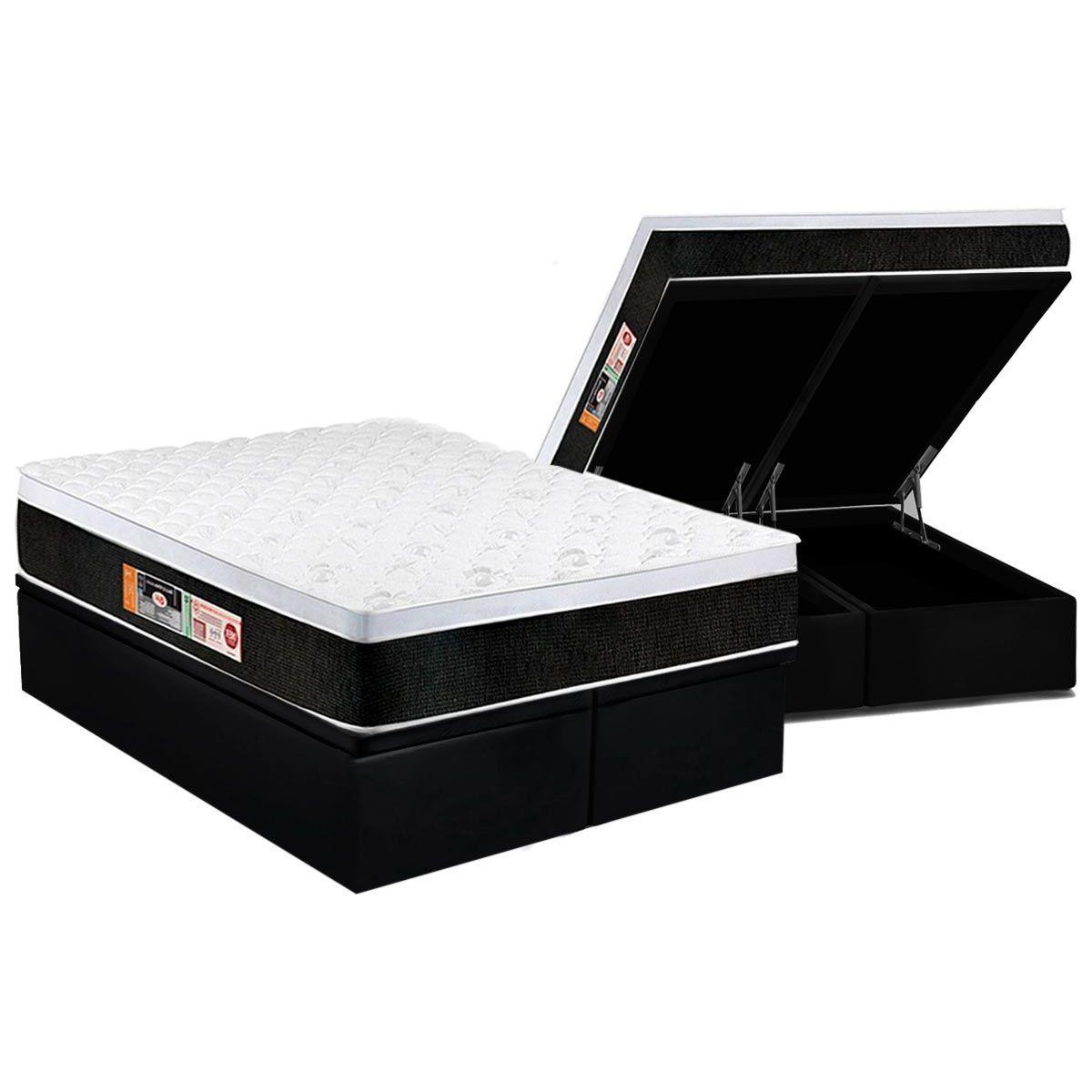 Cama Box Bau Queen Colchao Espuma D45 Castor Black E White Air Euro Pillow Base Crc Suede Black 158x198