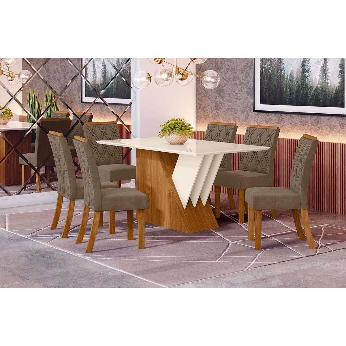 Sala De Jantar Completa Epic C Tampo Madeirado C Vidro 160cm 6 Cadeiras Vita Nature Veludo Light Bege Vanilla Henn