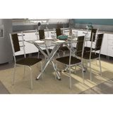 Sala De Jantar Completa Volga C Tampo Vidro 150cm 6 Cadeiras Lisboa Cromado Courano Marrom Kappesberg