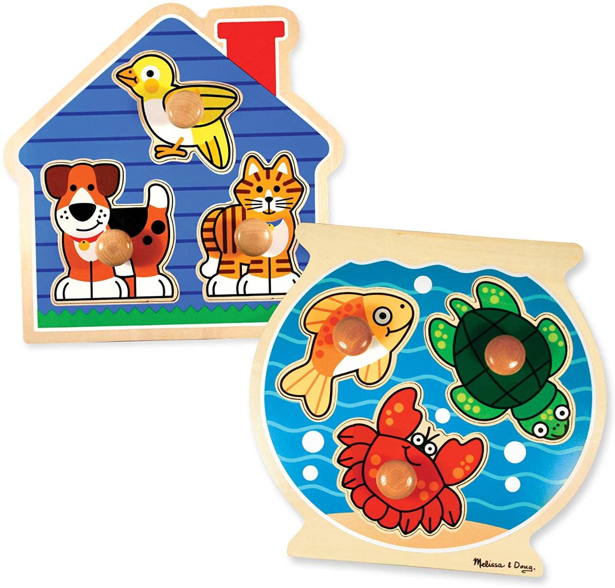 Melissa & Doug Animals Jumbo Knob Wooden Puzzles Set - Peixes e Animais de Estimação