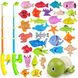 Brinquedo de água do jogo de pesca magnética AUUGUU – 2 polos de pesca com bobinas de trabalho, 1 tartaruga-de-banho e 30 peixes magnéticos coloridos