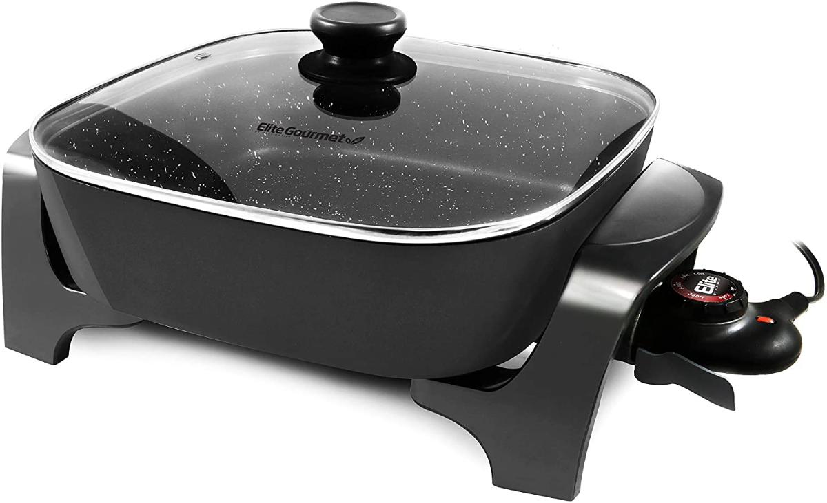 Elite Gourmet Deep Dish Heavy Duty, Rapid Heat Up, Dishwasher Safe, 1200W Antiaderente Frigideira Elétrica com Tampa Ventada de Vidro Temperado, 12 x