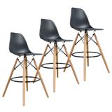 Kit 3 Banquetas Charles Eames Eiffel Wood Design Base Fixa Madeira - Preta