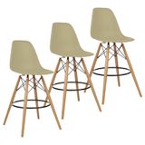 Kit 3 Banquetas Charles Eames Eiffel Wood Design Base Fixa Madeira - Bege