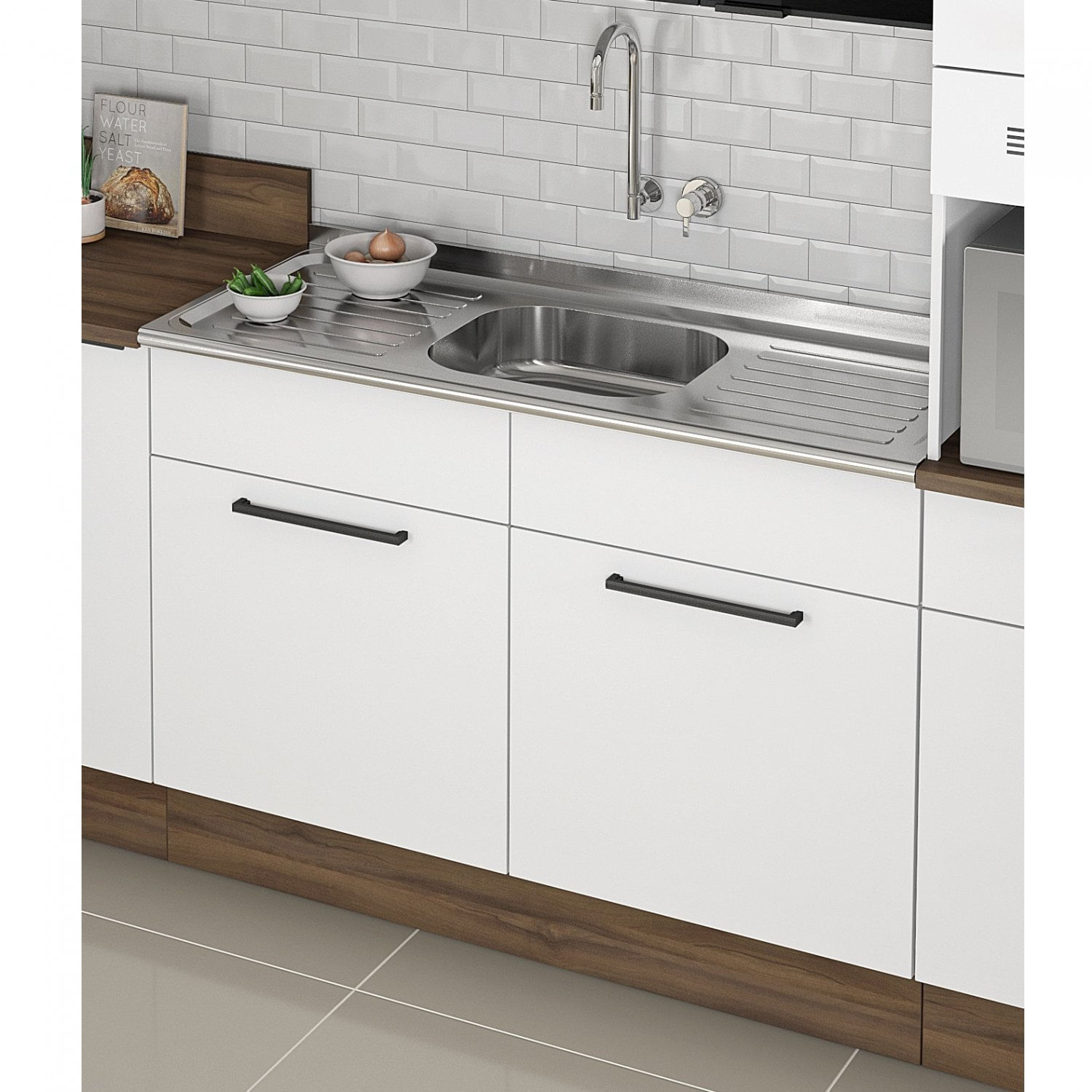 Balcão Em Aço De Cozinha Com Pia Inox 2 Portas E Rodapé Exclusive Itatiaia Branco Matte