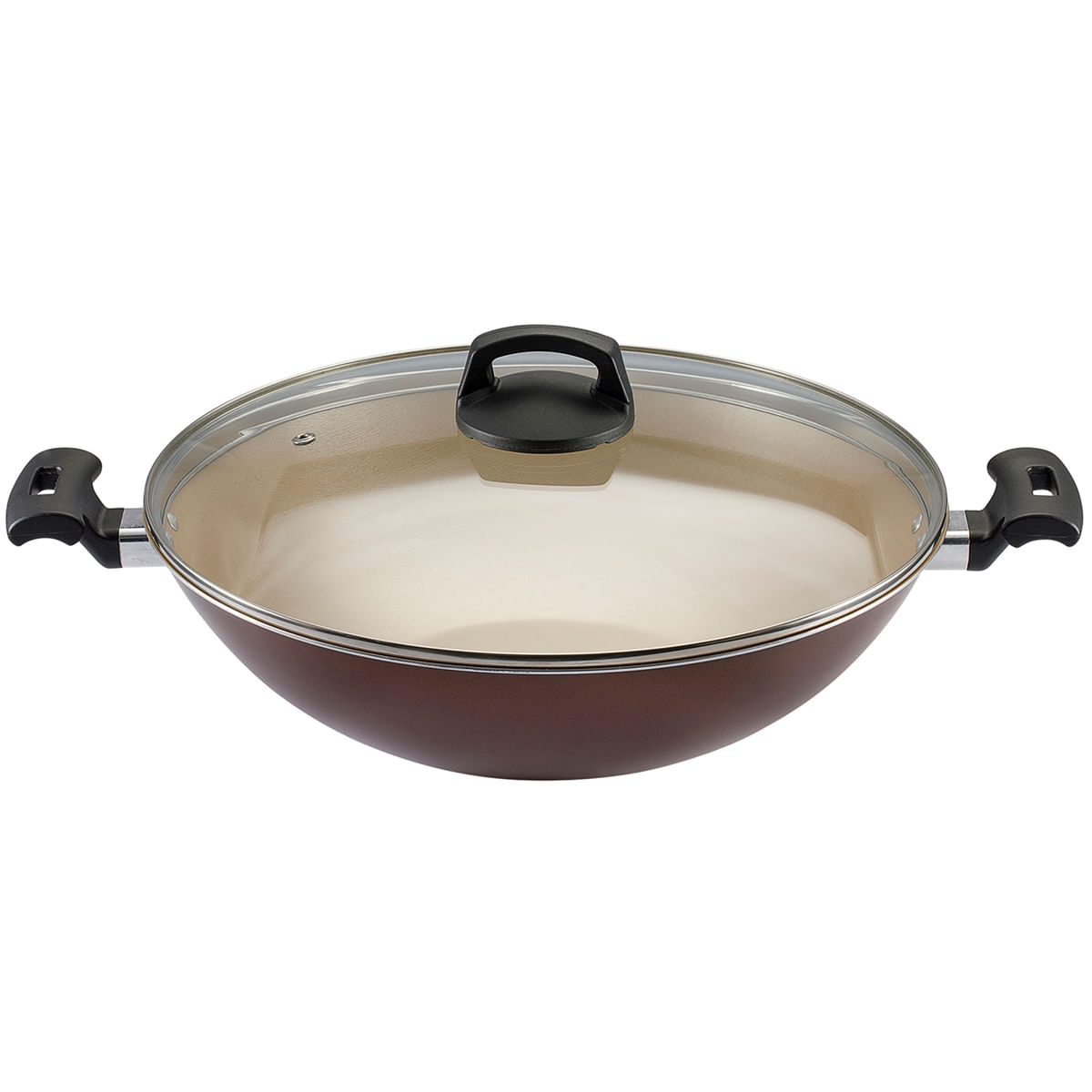 Panela Wok Antiaderente Panelux Premium 32cm Marrom Com Tampa Vidro