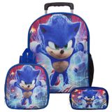 Mochila Masculina Escolar Rodinha Sonic + Lancheira E Estojo