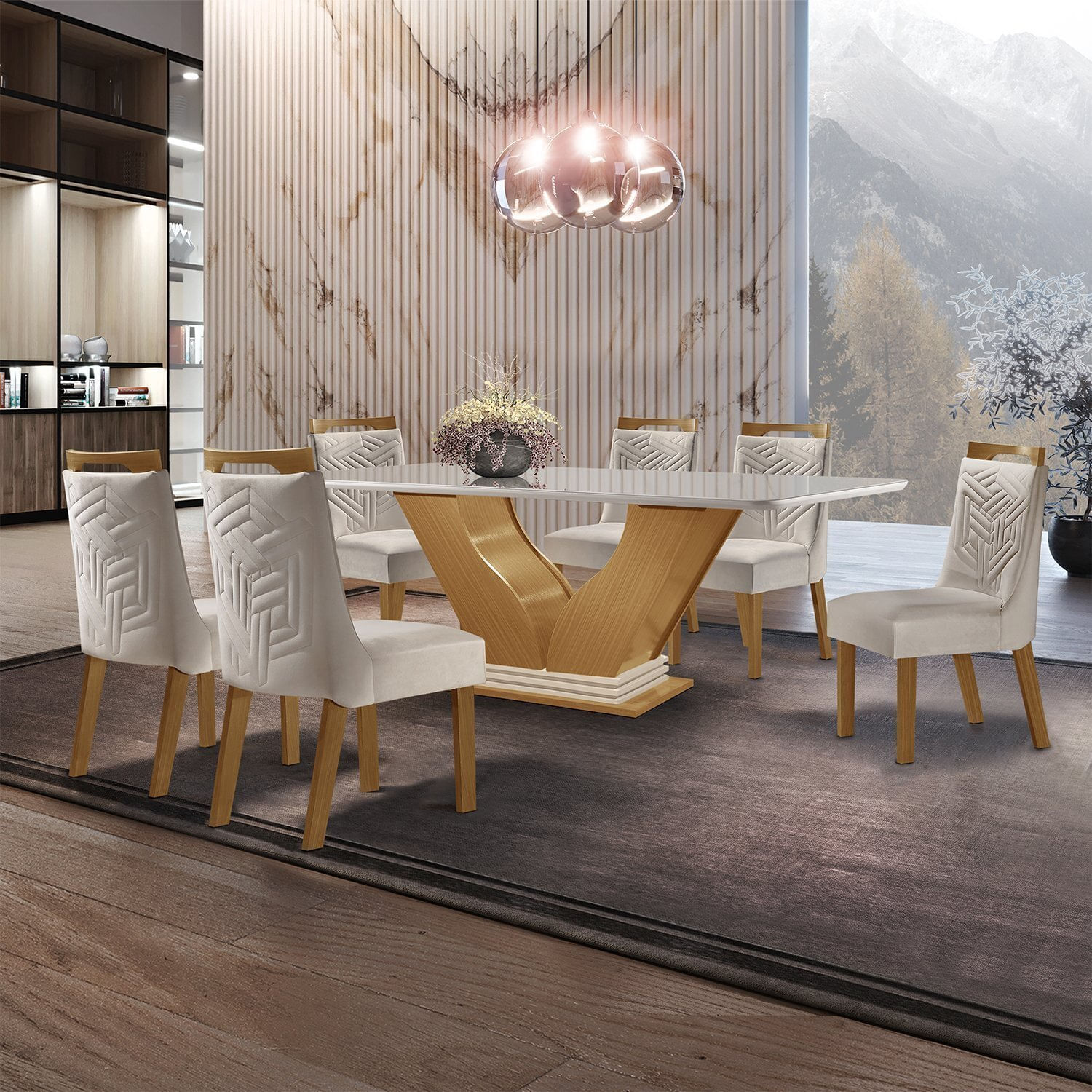 Conjunto Sala De Jantar Mesa Tampo Vidro/mdf Safira Com 6 Cadeiras Kioto Espresso Móveis Castanho Cinamomo / Creme / Off White