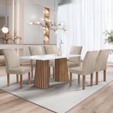 Conjunto Mesa Stella Ripada 170cm Com 6 Cadeiras Canela Tampo Smart Plus Com Vidro Chocolate/off White/boucle Bege