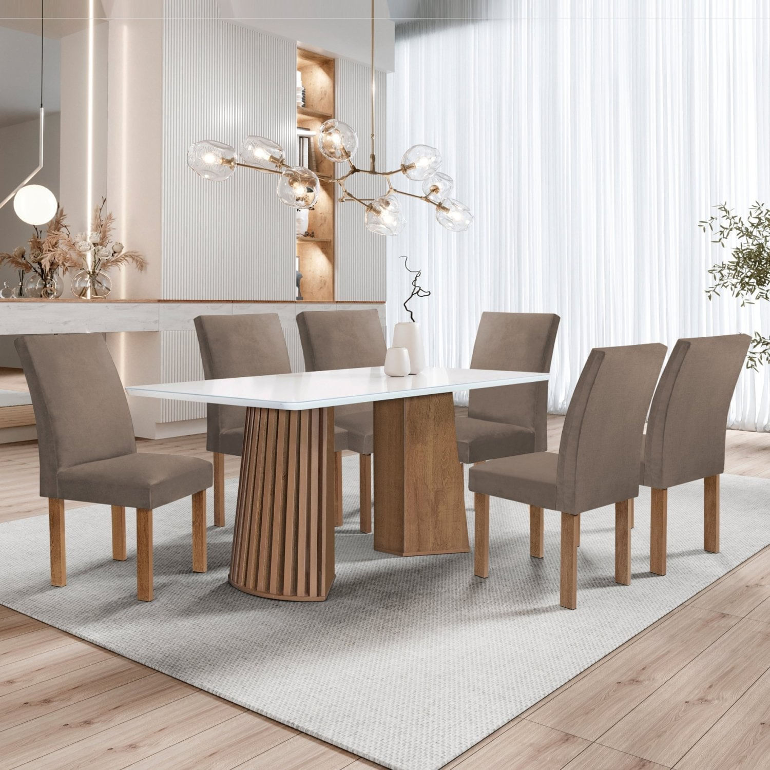 Conjunto Mesa Stella Ripada 170cm Com 6 Cadeiras Canela Tampo Smart Plus Com Vidro Chocolate/off White/veludo Bege Escuro