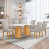 Conjunto Mesa Stella Ripada 170cm Com 6 Cadeiras Canela Tampo Smart Plus Com Vidro Cinamomo/off White/veludo Bege Claro