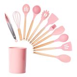 Jogo De Cozinha 12 Peças Madeira Silicone Fouet Concha Talheres Espatula Colher Porta Utensilio Apoio Armazenamento Suporte Preparo Refeiçao Manuseio