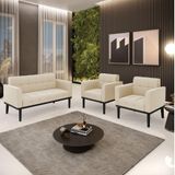 Conjunto 2 Poltronas E 1 Namoradeira Decorativa Pés Fixo Em Madeira Preto Suede Bege
