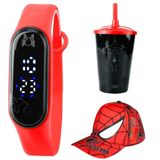 Relogio Infantil Prova Dagua Digital + Copo + Boné Aranha Original Criança Presente Vermelho Combo