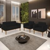Conjunto 2 Poltronas E 1 Namoradeira Decorativa Pés Fixo Em Madeira Castanho Linho Preto