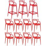 Kit 8 Cadeiras + 3 Banquetas Altas Masters Allegra Vermelho Vermelho