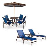 Conjunto 1 Mesa + 4 Cadeiras + 2 Espreguiçadeiras + 1 Mesinha De Centro Em Alumínio + 1 Ombrelone Em 2 Metros - Marrom Com Tela Azul