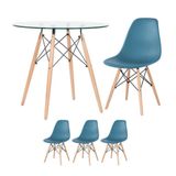 Mesa Redonda Eames Com Tampo De Vidro 80 Cm + 3 Cadeiras Eiffel Dsw Turquesa
