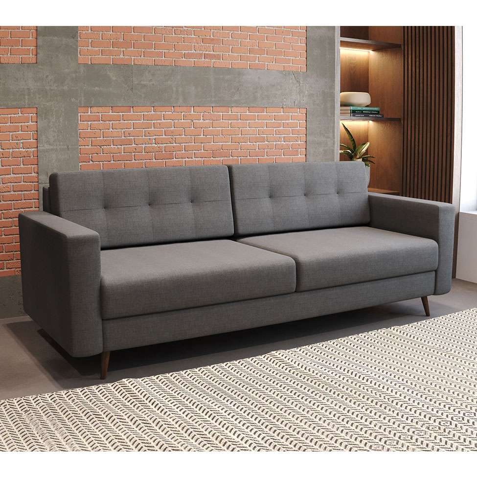 Sofá 3 Lugares Living Pé Palito Linho Cotton Cinza 180 Cm