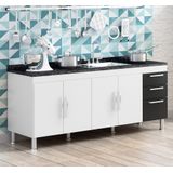 Gabinete de Pia Gêmeos 2,00m Branco/Preto Guarda-Roupa Casal Sevilha 3 Portas de Correr 6 Gavetas Branco