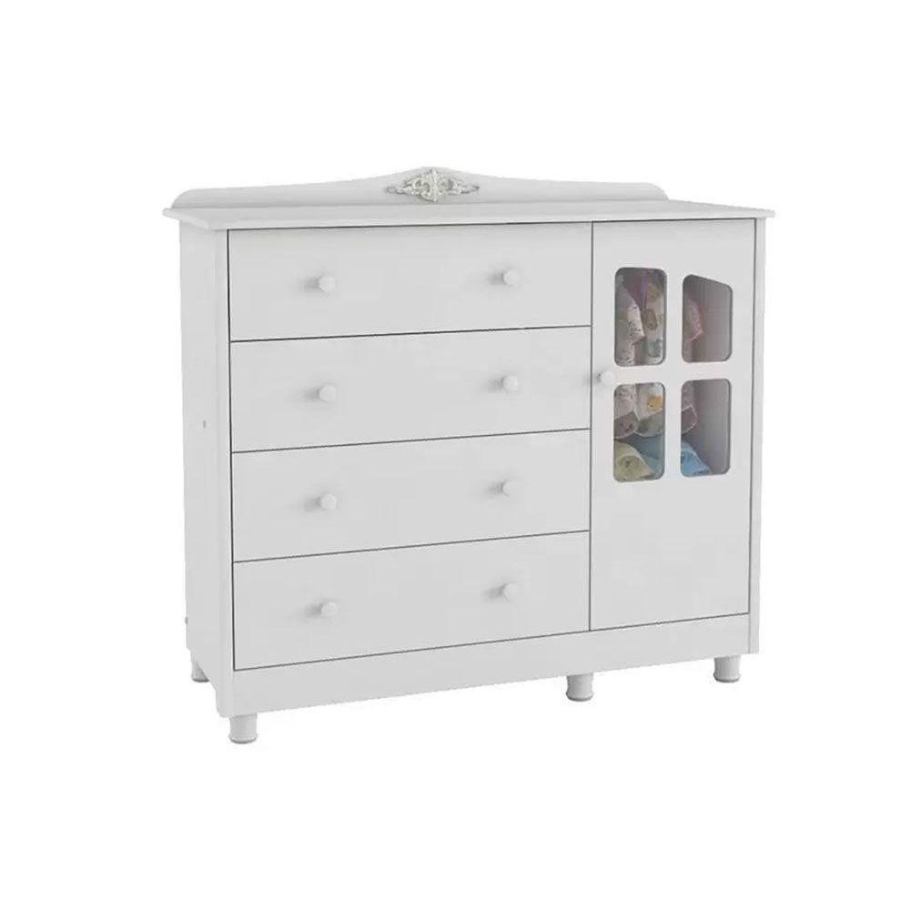 Comoda De Quarto Elo C 1 Porta Cristal E 4 Gavetas Branco Peroba