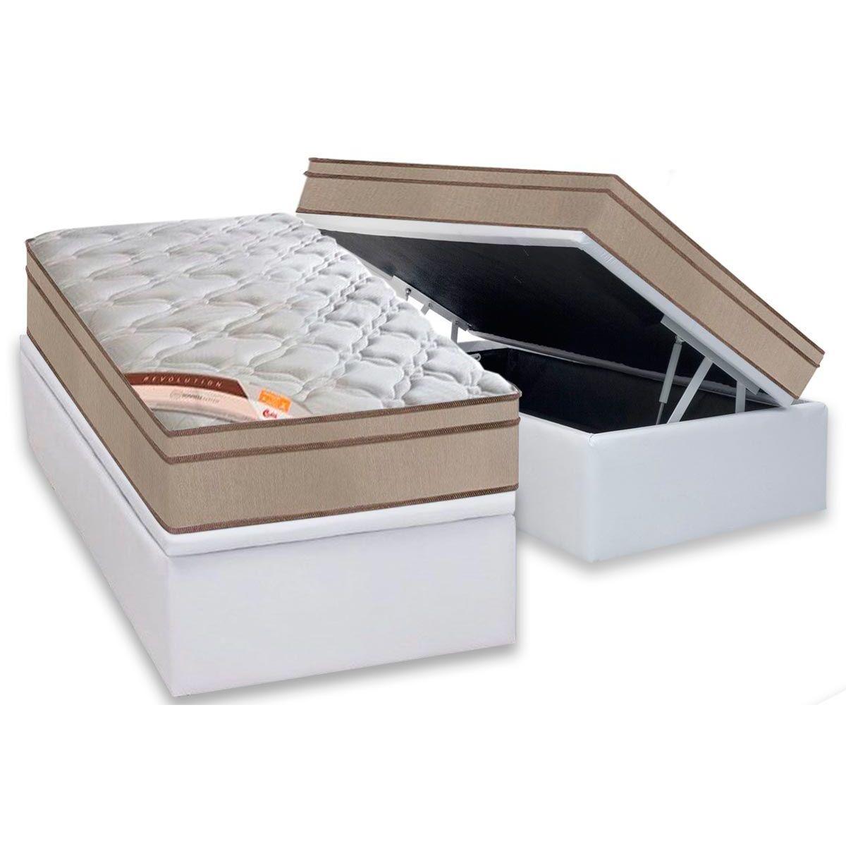 Cama Box Bau Solteiro Colchao Molas Bonnel Castor Revolution Base Crc Courano White 88x188