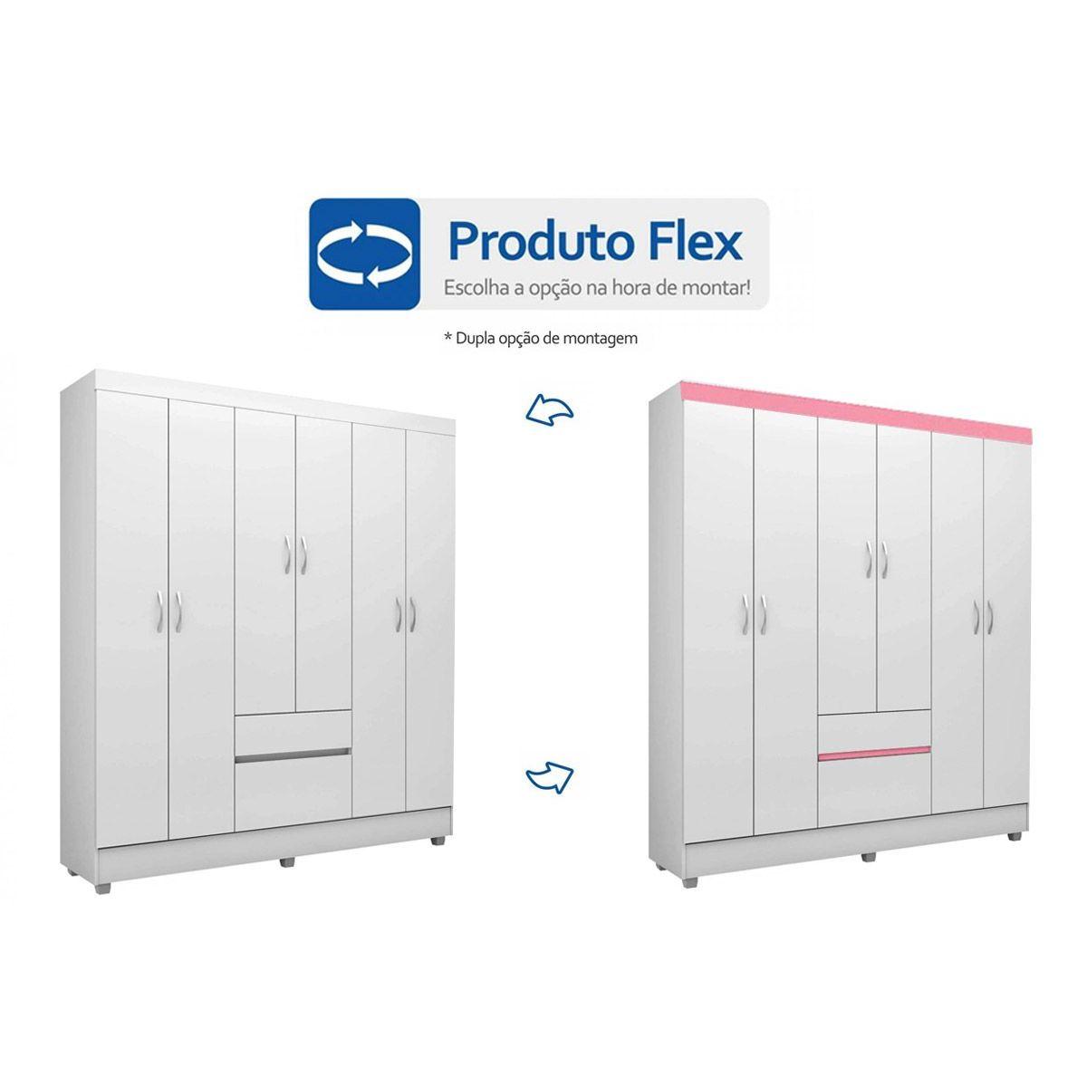 Guarda Roupa Solteiro 6 Portas E 2 Gavetas Flash Ii Branco Rosa Demobile
