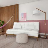 Sofá-Cama 3 Lugares Casal Aaliyah com Pés de Madeira Couro Sintético Branco