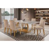 Sala De Jantar Completa Jade C Tampo Madeirado C Vidro Canto Curvo 180cm 6 Cadeiras Jade Imbuia Linho Bege Rufato