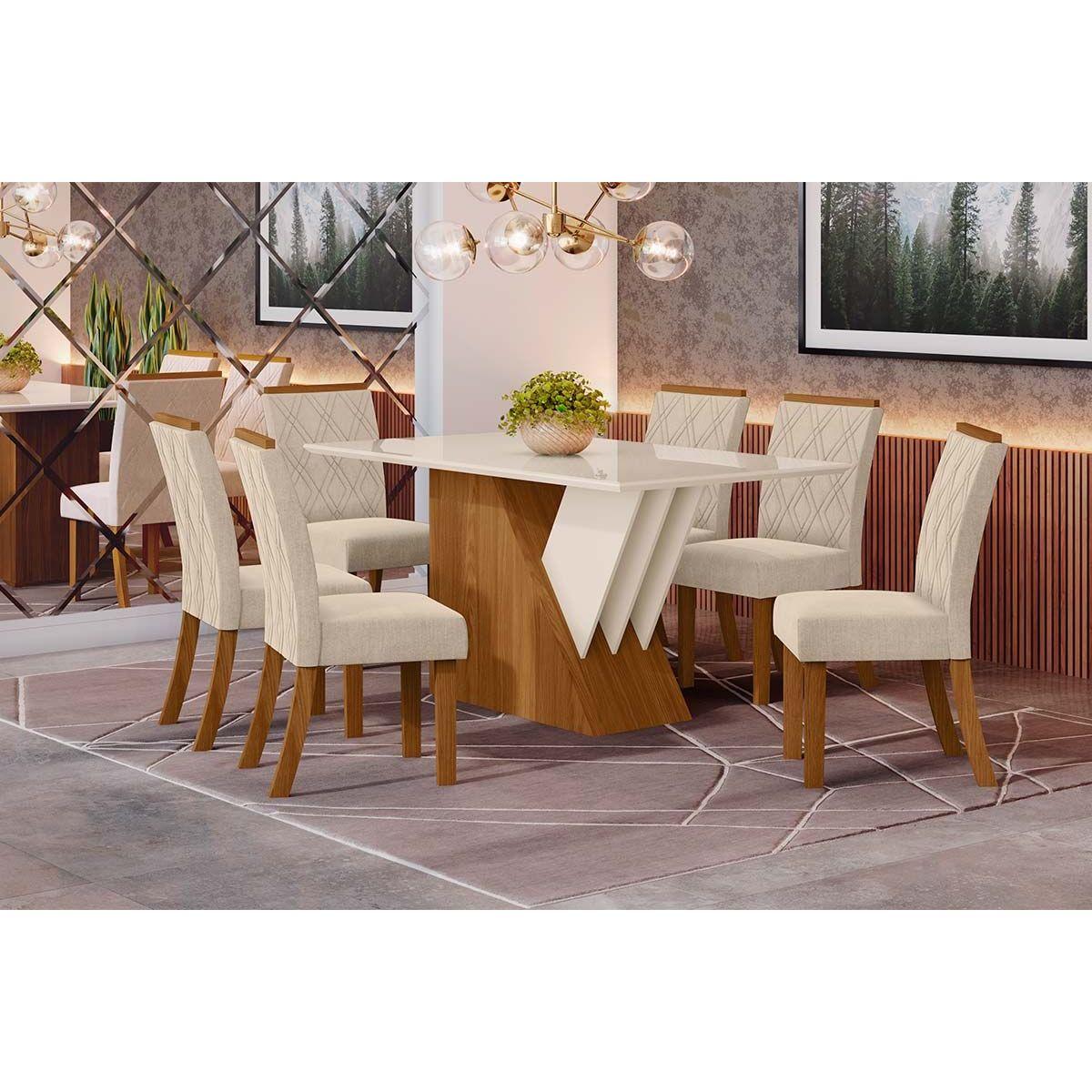 Sala De Jantar Completa Epic C Tampo Madeirado C Vidro 160cm 6 Cadeiras Vita Nature Veludo Light Linho Henn