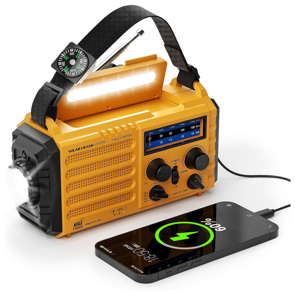 Radio Am Fm Sw E Noaa 2000mah Bateria Solar Manivela De Recarga Carregador Usb, Pplee Cr1009, Amarelo