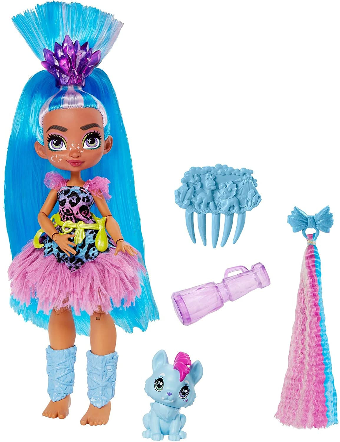 Boneca Mattel Cave Club Tella (10 Polegadas Cabelo Azul) Boneca De Moda Pré-histórica Poseable Com Dinossauro Animal De Estimação E Acessór