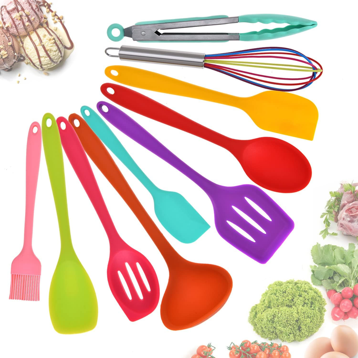 Conjunto De Utensílios De Cozinha De Silicone Aybloom - 10 Peças Multicolores Ferramentas De Cozimento De Cozinha Antiaderente Resistentes A