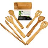 Conjunto De Utensílios De Cozinha De Madeira - 7 Peças Ferramentas De Cozimento De Bambu E Suporte - Colheres De Cozimento E Espátulas Ferr