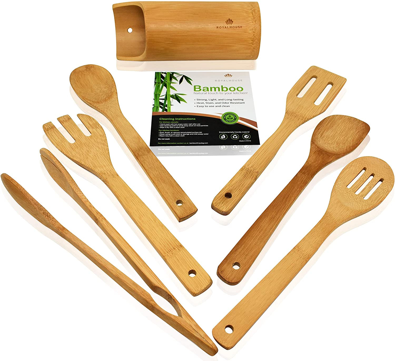 Conjunto De Utensílios De Cozinha De Madeira - 7 Peças Ferramentas De Cozimento De Bambu E Suporte - Colheres De Cozimento E Espátulas Ferr