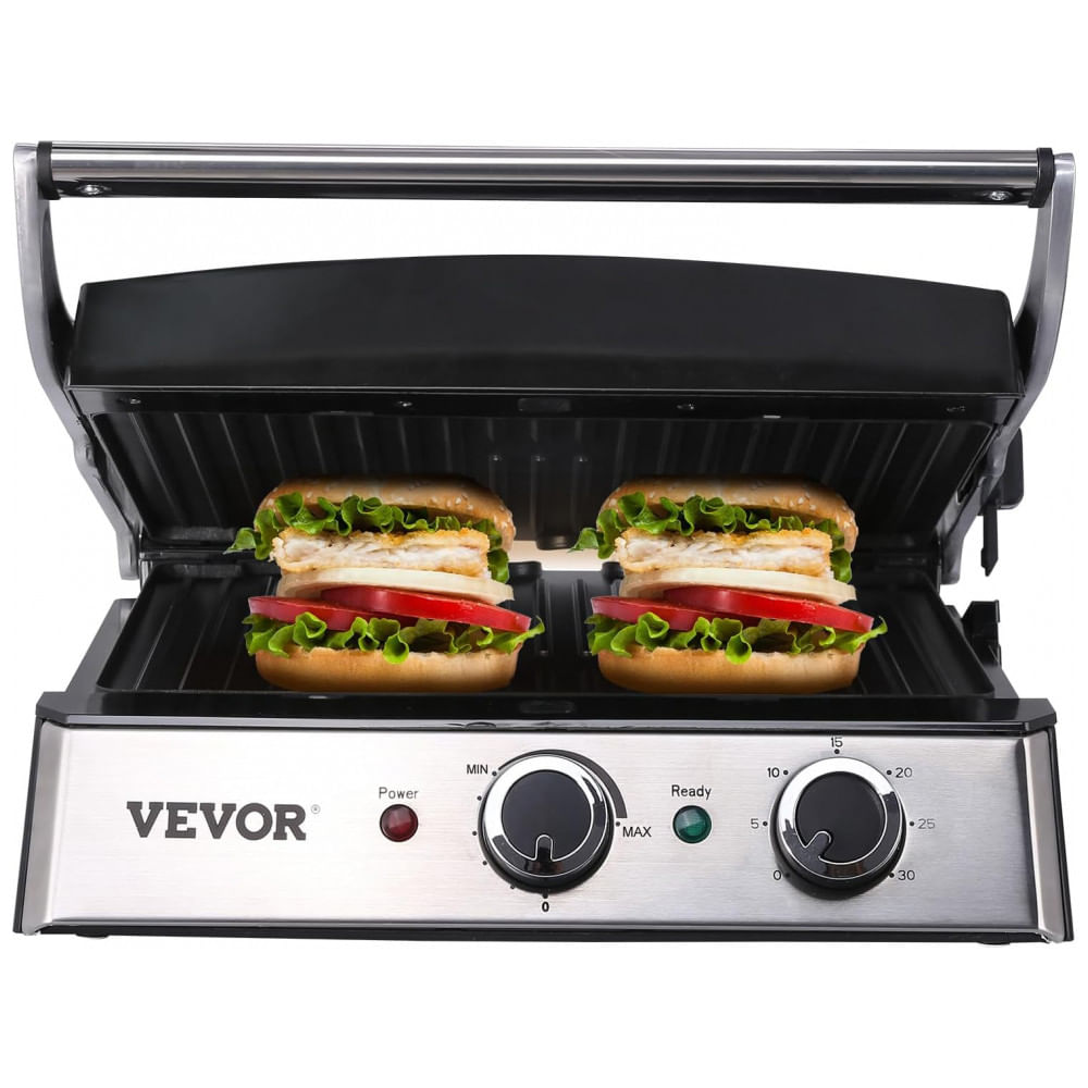 Grill Elétrico Com Revestimento Antiaderente, Controle De Temperatura Ajustável E Temporizador, 110v 1500w, Vevor, Prata