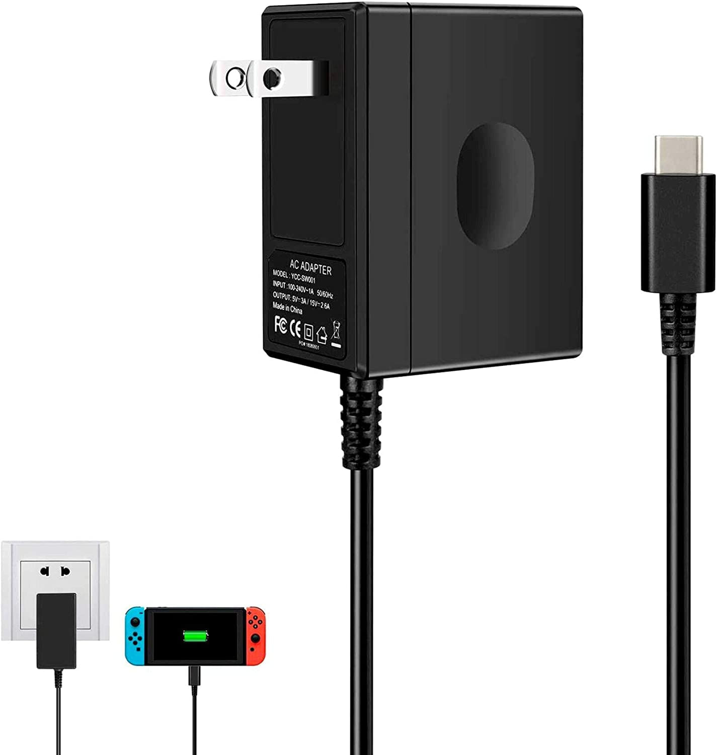 Carregador Para Nintendo Switch, Adaptador Ac Para Nintendo Switch - Carregador De Parede De Viagem Rápida Com Cabo Usb Tipo C De 5ft 15v/2.