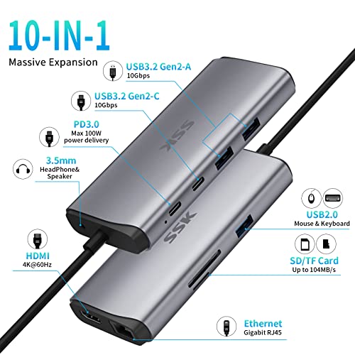 Ssk Usb C Hub Docking Station, 10 Em 1 Tipo C Splitter Mult