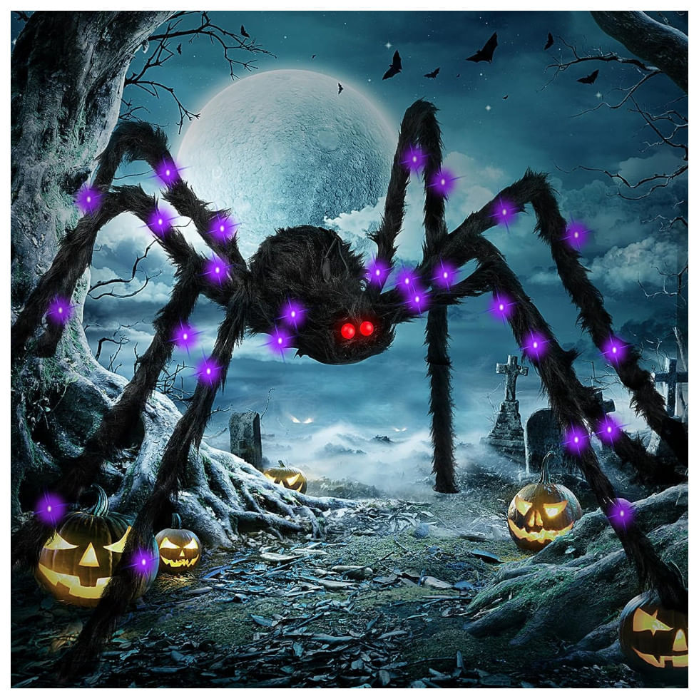 Aranha Gigante 1,5 Metros Com Luz Led Para Decoração De Halloween, Preta E Roxa