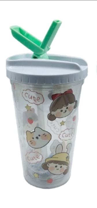 Copo De Plástico Infantil Desenho Fofo Com Canudo 450ml