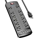 Power Strip, Protetor De Surto Alestor Com 12 Tomadas E 4 Portas Usb, Cabo De Extensão De 6 Pés (1875w/15a), 2700 Joules, Etl Listado, Preto